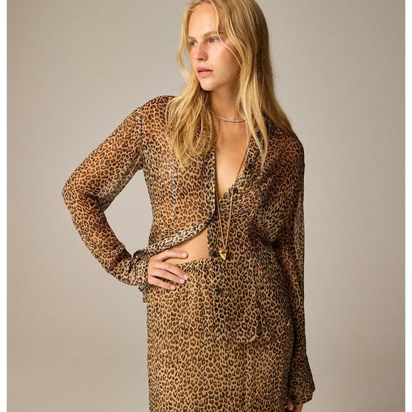 J.Crew Sheer Leopard Print Shirt Crinkle Chiffon Cupro Blouse Brown US 4 NWT - Picture 1 of 11